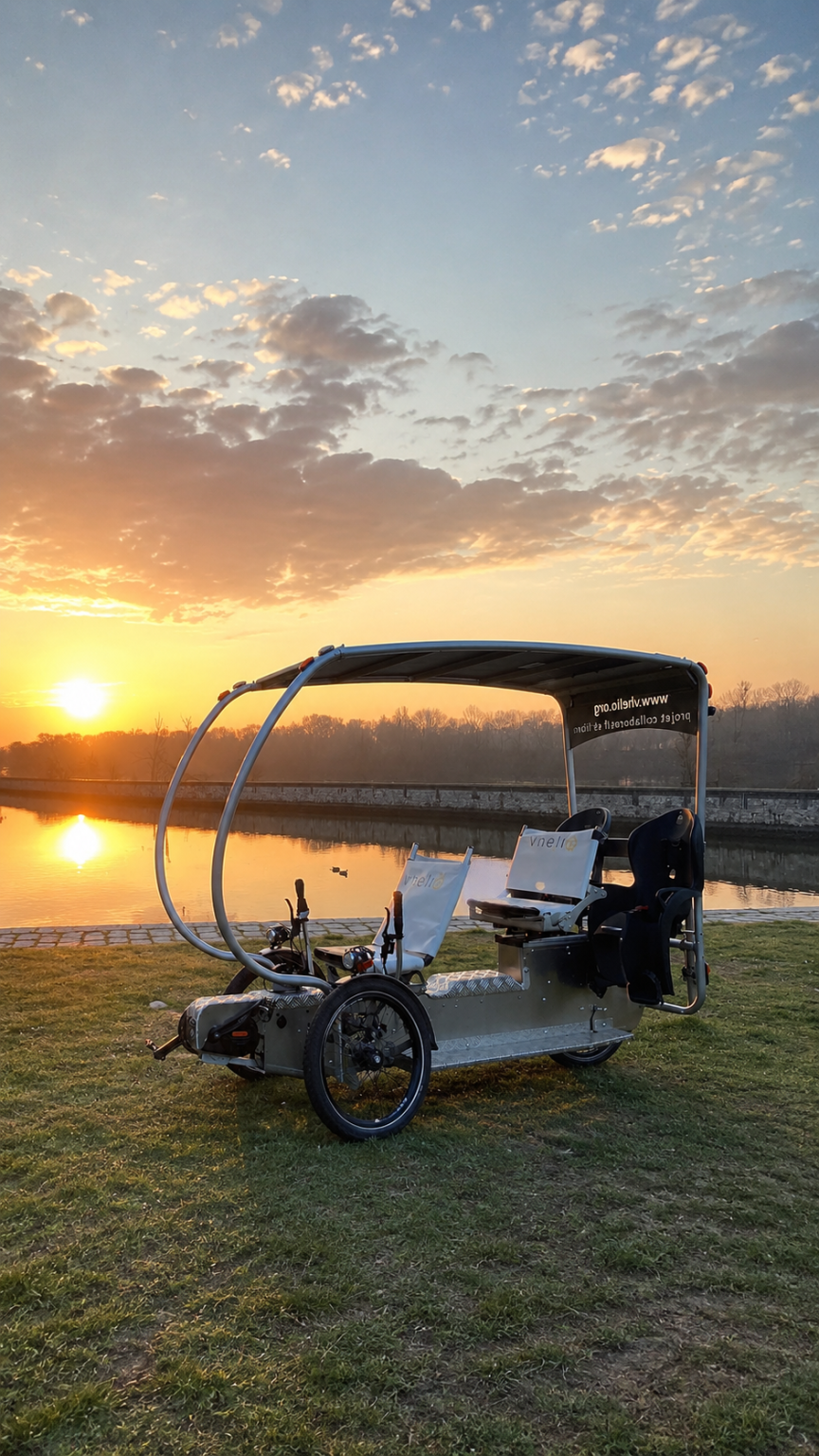 Un Vhélio solaire au bord de l’eau au coucher du soleil